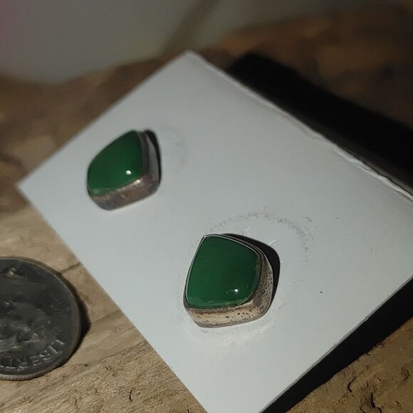 Vintage MR Sterling Silver Stud Earrings Green Onyx Inlay Unique Retro Mexico - Picture 12 of 15